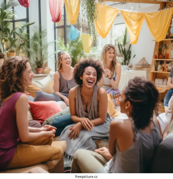 A group of diverse women are sitting in a circle and talking