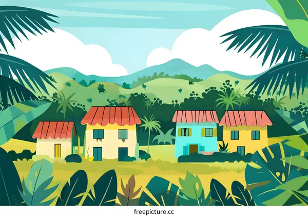 Tropical Village With Green Mountains In The Background