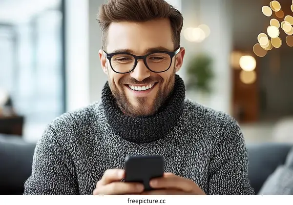 Smiling Man Using Smartphone in Casual Setting