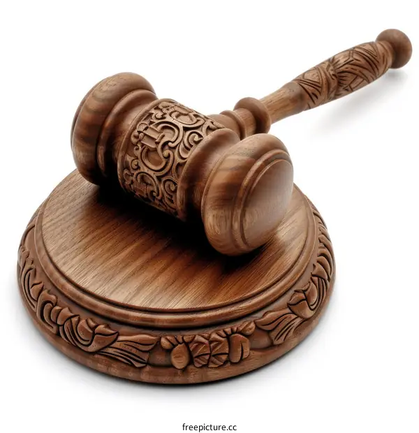 ornate wooden gavel resting on a round wooden block