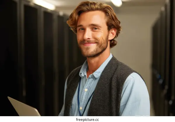Smiling man with laptop in server room setting