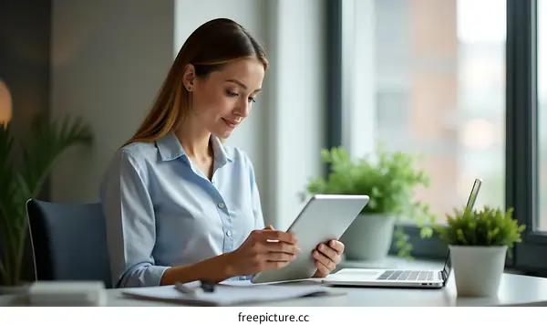 Young Woman Working on Tablet in Office