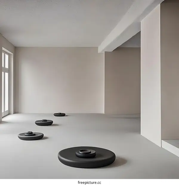 Minimalist Interior Design with Black Round Objects in Empty Room