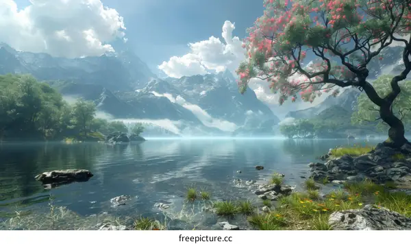 Enchanted Fantasy Landscape with Cherry Blossom Tree