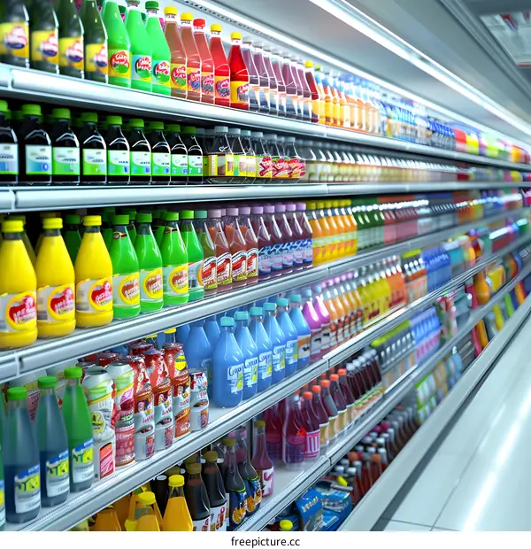 Colorful Bottles on Supermarket Shelves