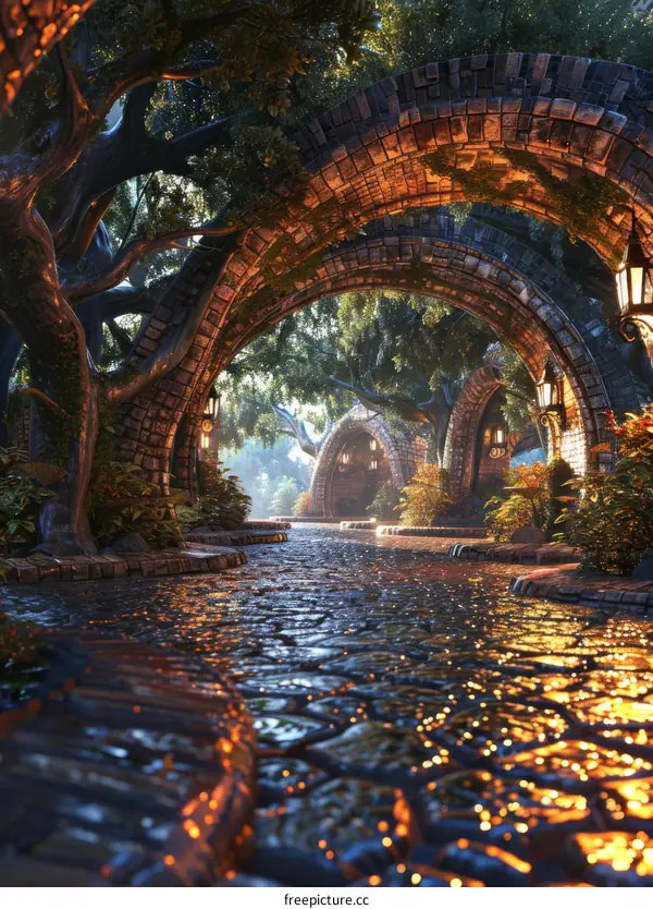 fantasy stone archway with trees and plants