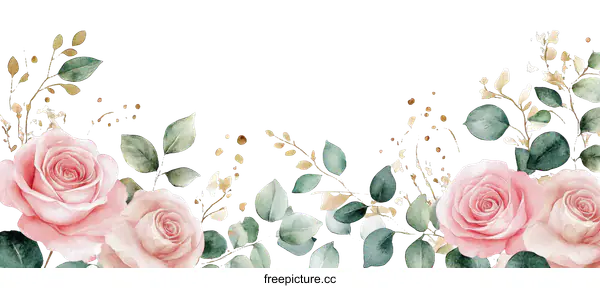 [Transparent Background PNG]Watercolor Floral Border Design with Roses and Leaves