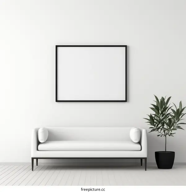 Black frame mockup on the white wall in living room interior with white sofa and plant