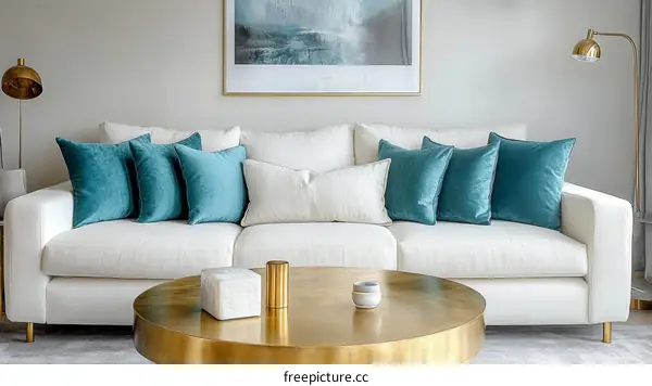 Modern Living Room Sofa with Teal Pillows