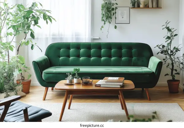 Emerald Green Velvet Sofa in a Modern Living Room