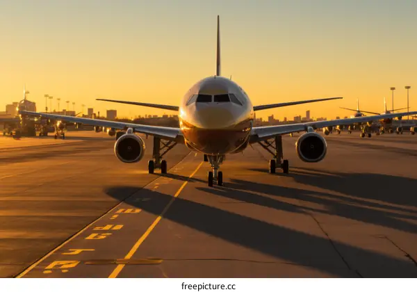 commercial airliners on a runway at sunset