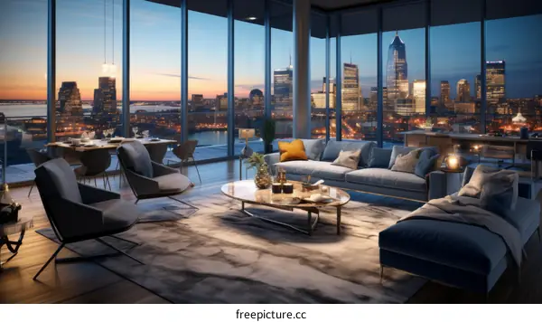 A modern living room with a view of the city