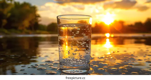 Glass of Water with Bubbles on a River Bank at Sunset
