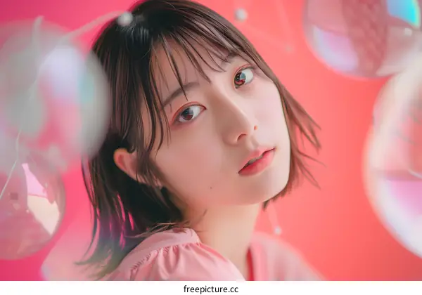 Asian Woman Portrait With Bubbles