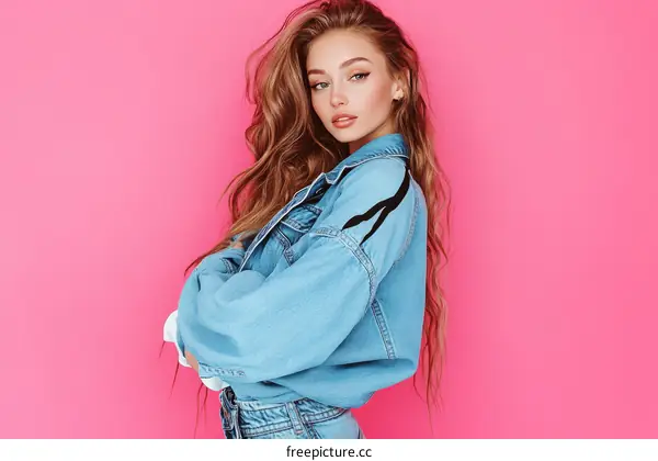 Trendy Woman in Denim Jacket Against Pink Background