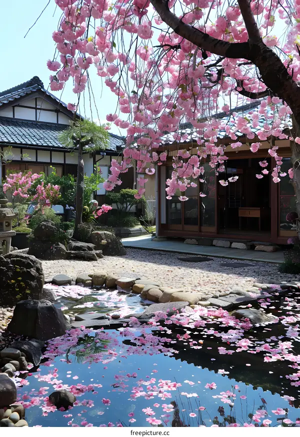 Japanese garden with cherry blossoms