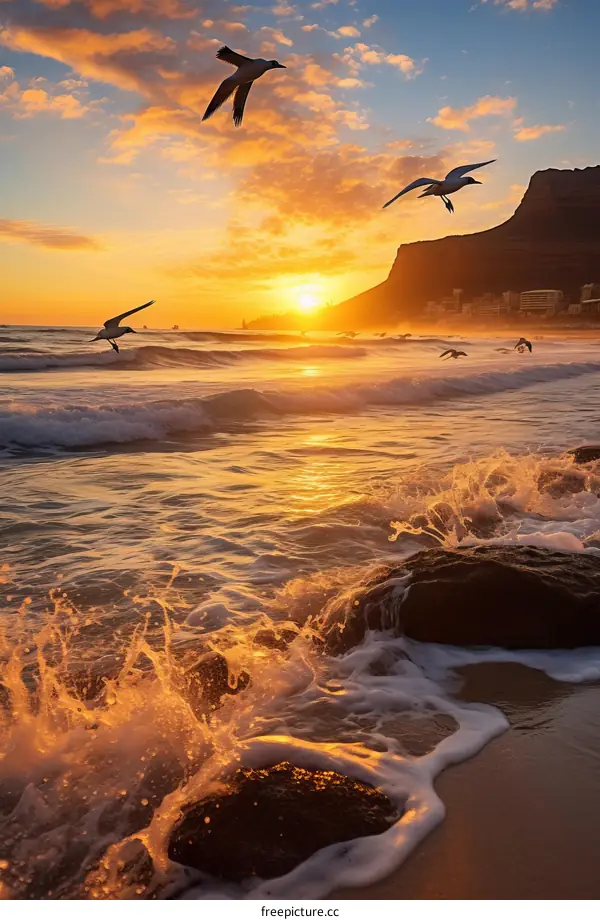 Seagulls in Flight at Sunset over Cape Town
