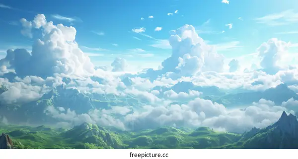 Panoramic Mountain Landscape with Green Hills and White Clouds