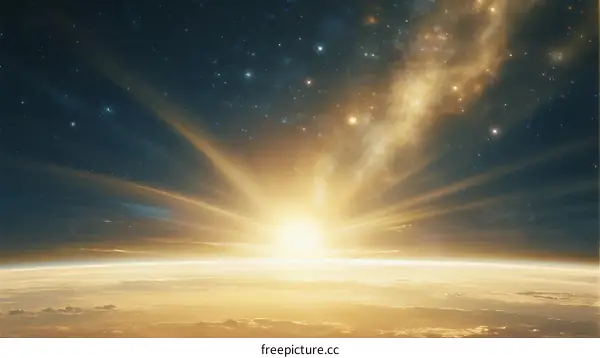 Sunrise Over Earth with Stars and Cosmic Rays