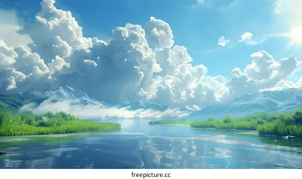 Mountains and lake under the blue sky