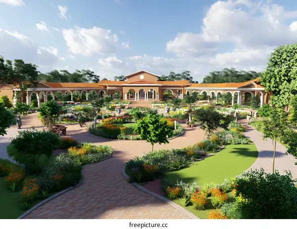 Italian Style Garden with Arched Building and Stone Paths