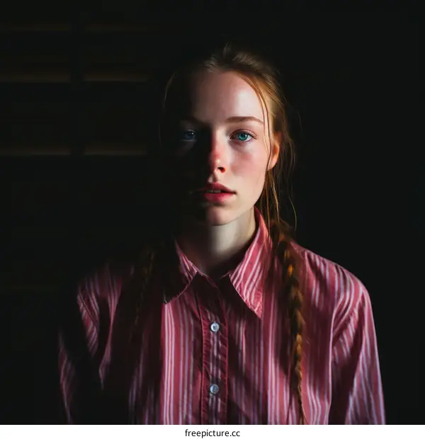 Portrait of a young woman with red hair and blue eyes