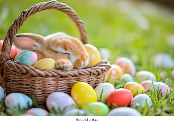 Adorable Easter Bunny in a Basket with Colorful Eggs