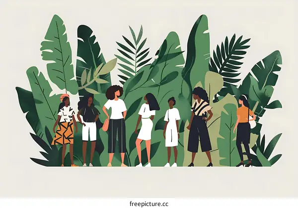 Diversity Group of Black Women Standing in Tropical Rainforest