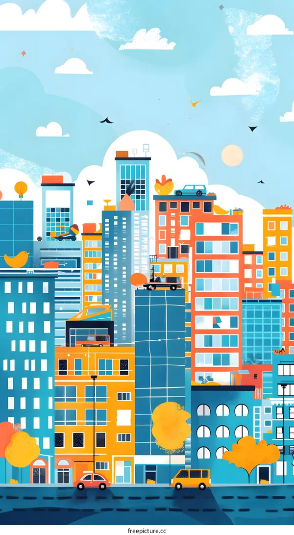 Colorful Cityscape with Buildings and Cars