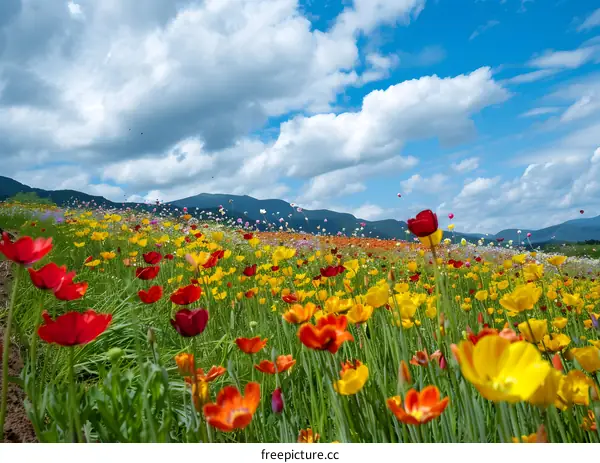 Colorful Wildflowers Blooming in a Meadow Under Blue Sky