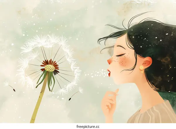 A girl blowing dandelion seeds in the wind
