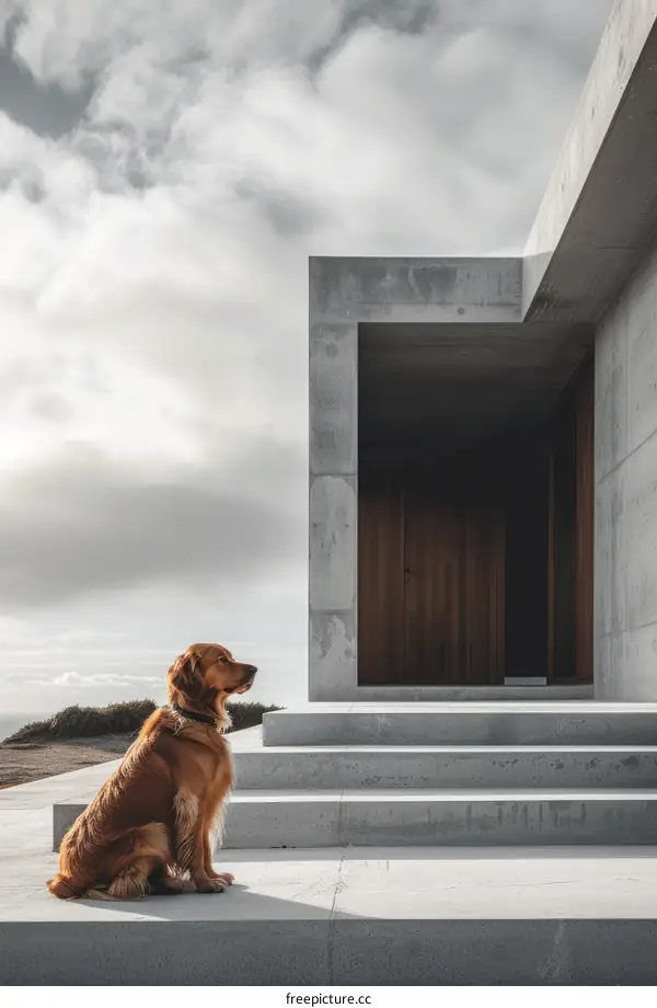 Modern Home and Golden Retriever on Steps