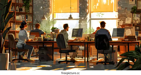 Four people working in an office
