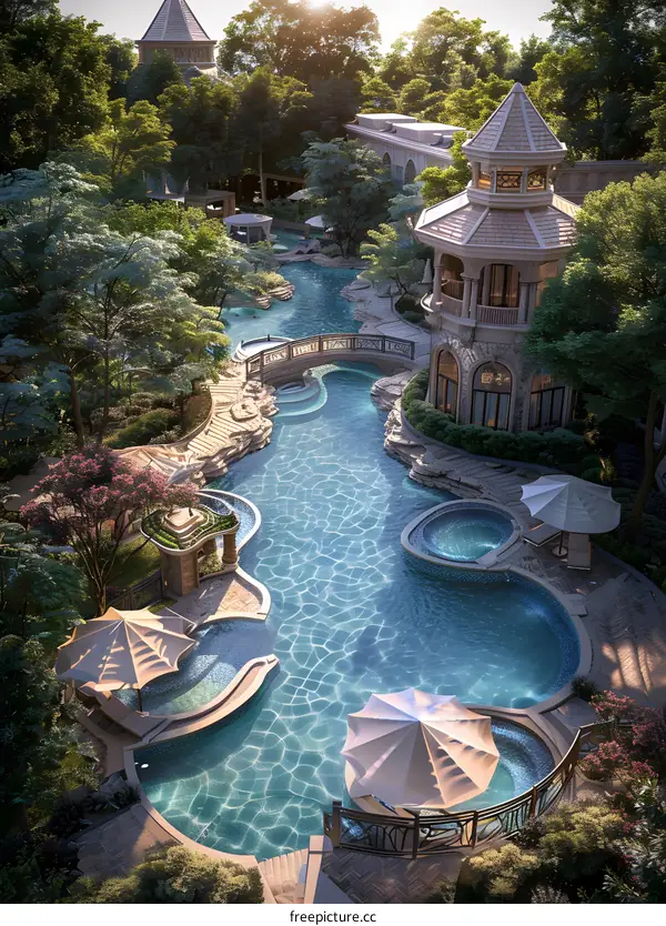 Aerial view of a luxury hotel swimming pool