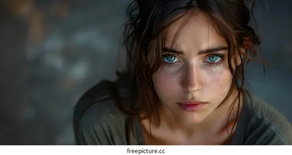 Portrait of a young woman with freckles and green eyes