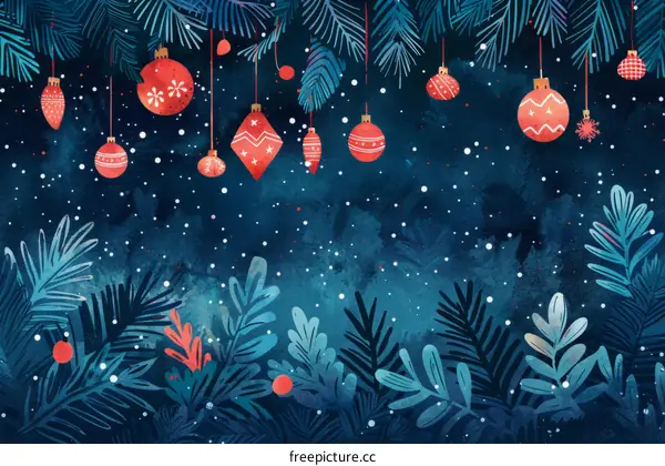 Watercolor Christmas Fir Branches Background with Ornaments