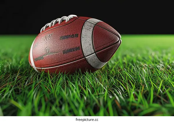Close up of an American football on grass field