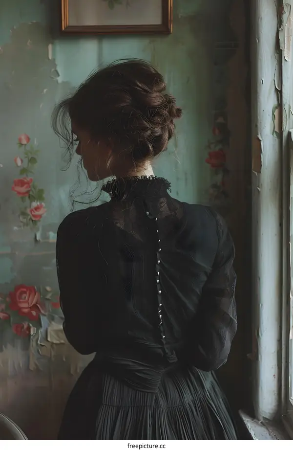 Woman in Black Dress Standing in Vintage Room