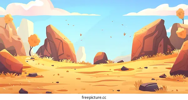 Cartoon Landscape With Rocks And Trees In Desert