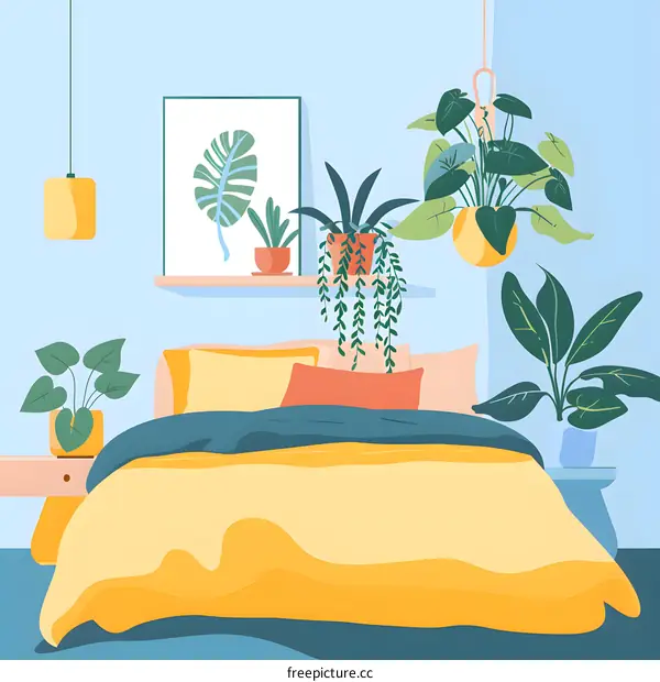 Bedroom Interior Design with Yellow Bed and Many Plants