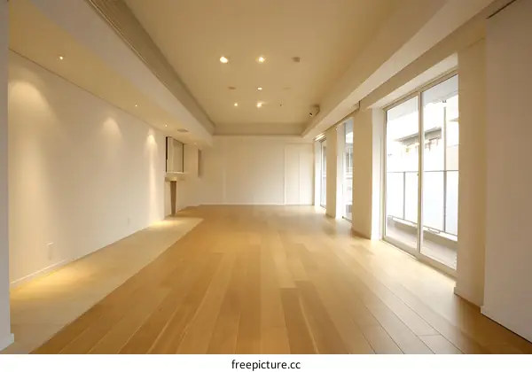 Modern Minimalist Empty Apartment Interior With Hardwood Flooring And Large Windows