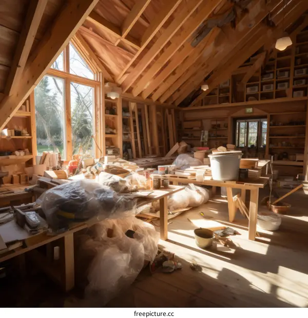 A large carpentry workshop with wooden beams and a high ceiling