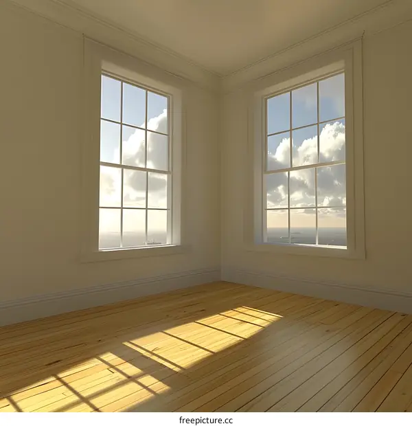 Empty Room with Two Windows and Sunlight Streaming Through