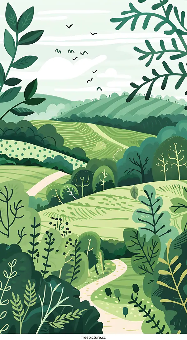 Green Hills Landscape Illustration with Winding Road