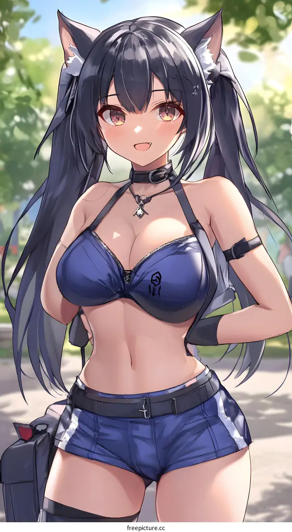 Anime Girl with Cat Ears in Blue Outfit