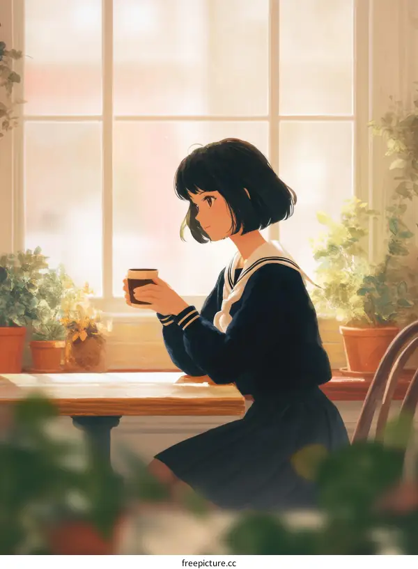 Girl Enjoying Coffee by the Window Illustration