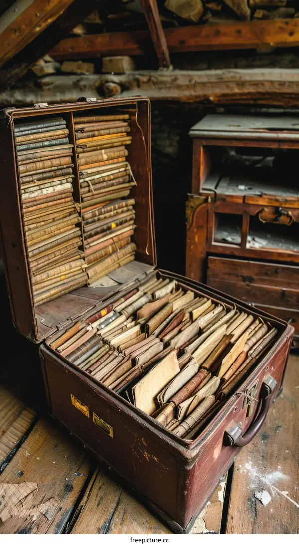 leather suitcase full of old books in an attic