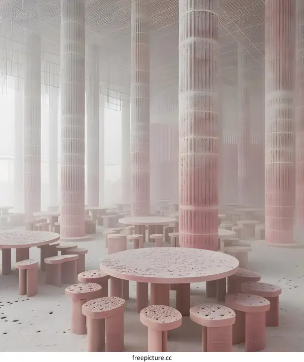 Abstract Modernist Interior Design With Pink and White Pillars and Tables