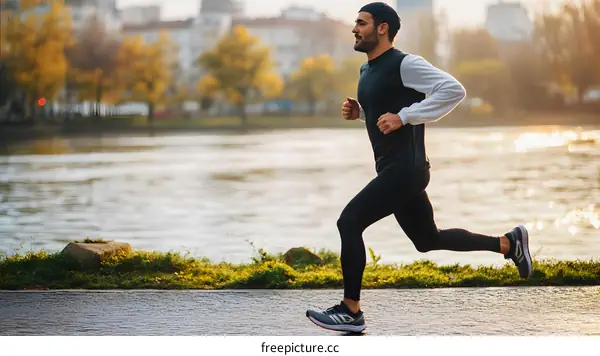 Man Running Along River Bank in City