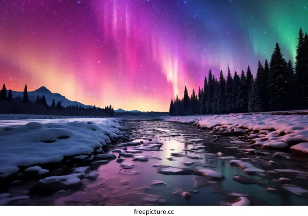 Aurora borealis landscape with river and snow covered trees at night